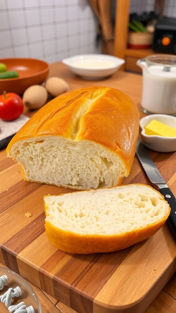 A loaf of homemade sandwich bread sliced on a cutting board, with butter and a knife.
